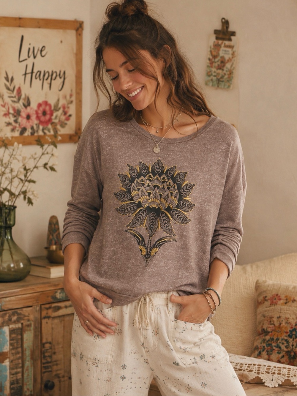 Lucky Lotus Heathered Tan‎ Graphic Sweatshirt Gold Embroidered XL Boho Hippie